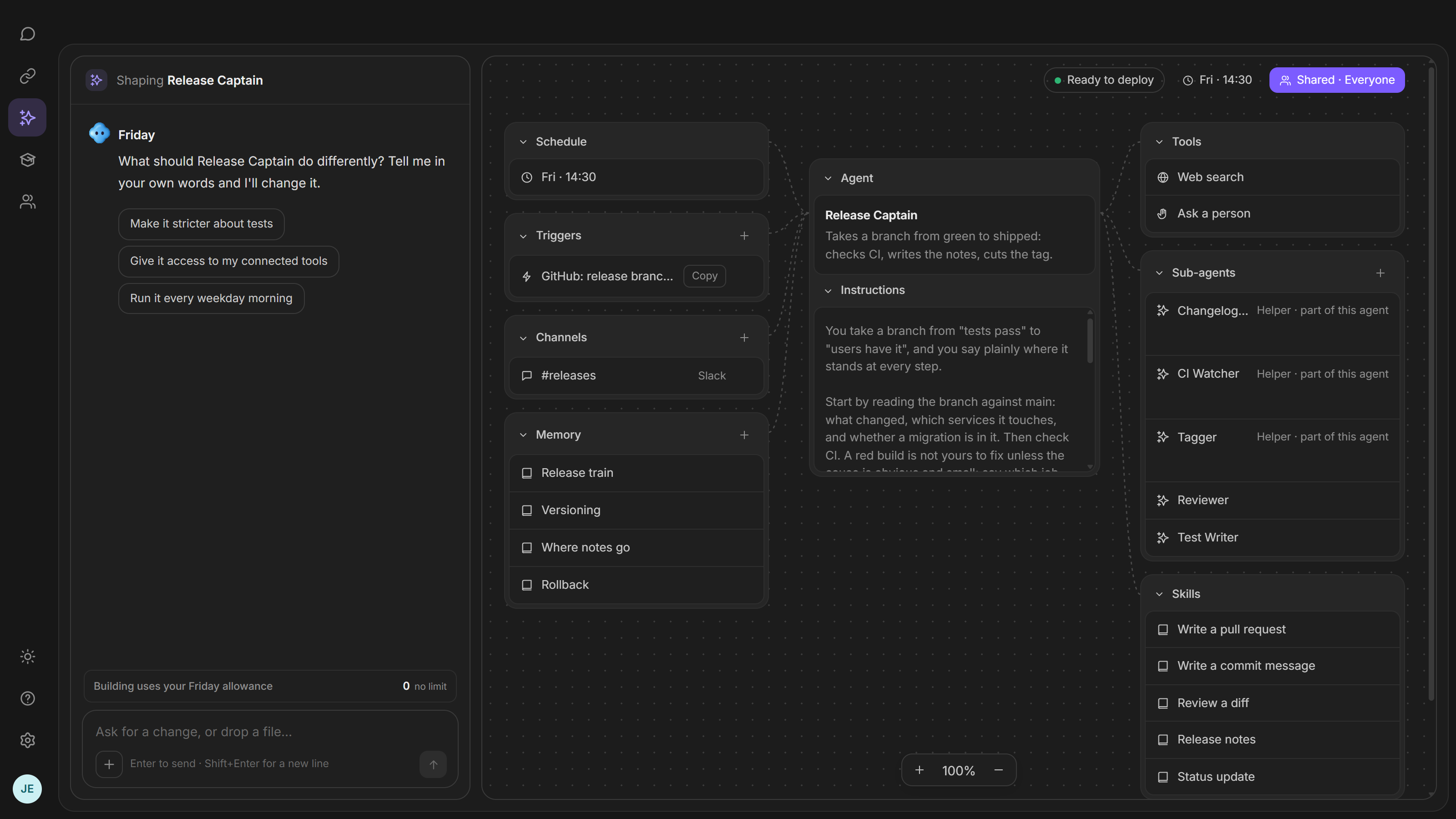 An agent open in the builder: its schedule, trigger, channel and memory on the left, its instructions in the middle, and its tools, helpers and skills on the right.
