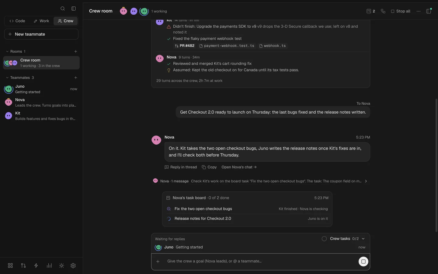 The Crew room: the goal to get Checkout 2.0 ready for Thursday, Nova’s plan, and her task board with Kit’s fix being checked and Juno on the release notes.