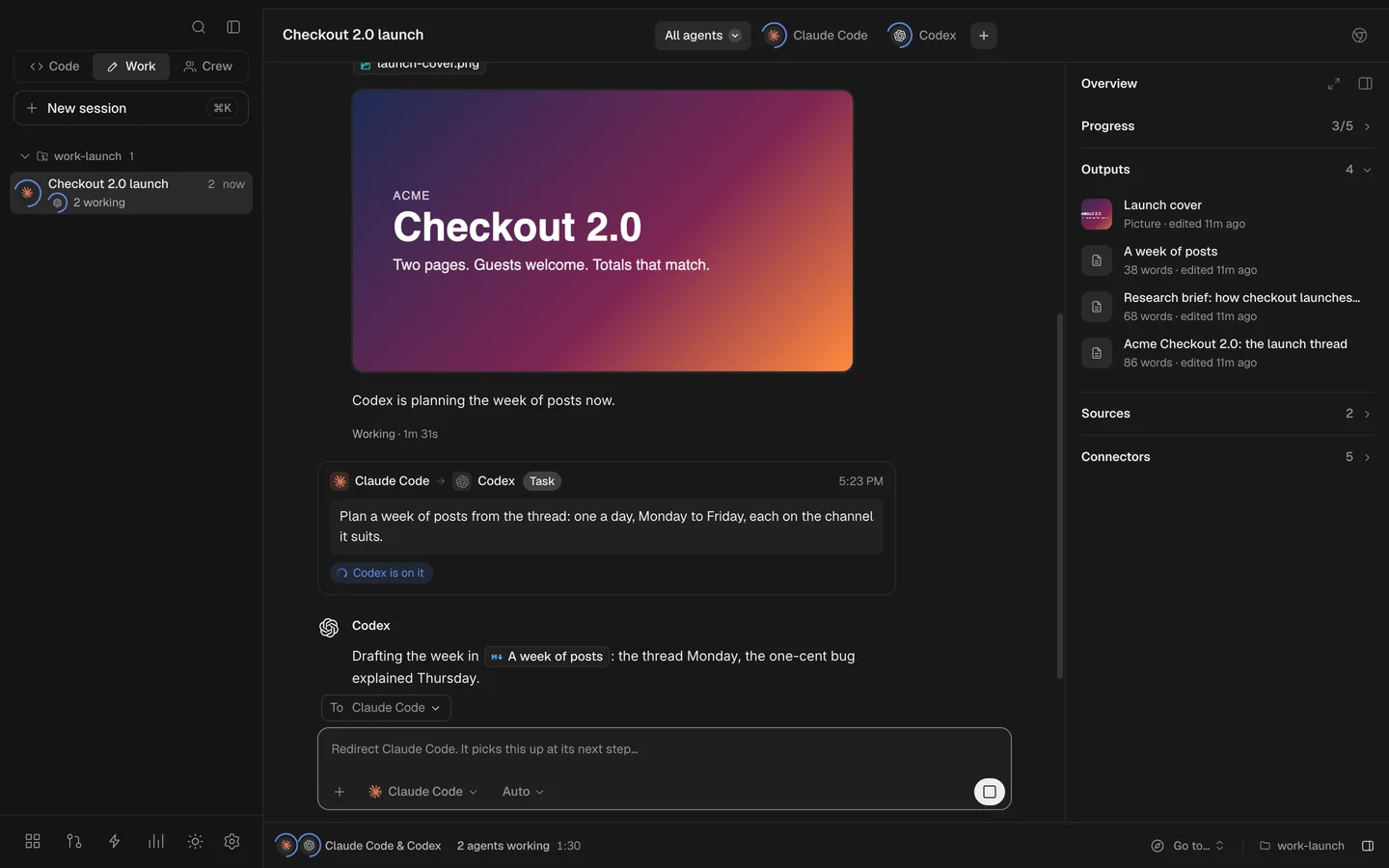 A Work session for the Checkout 2.0 launch: the cover in the chat, Claude Code handing Codex a task, and the rail with progress at 3 of 5 and four outputs.
