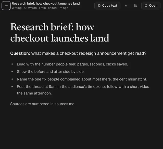 A research brief on how checkout launches land, open in the reader with its word count and Copy text.